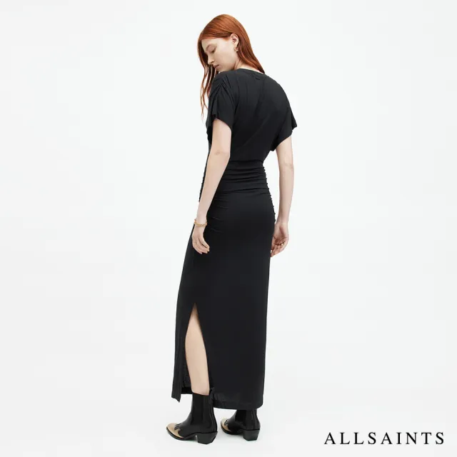 【ALLSAINTS】NATALIE 抽皺開岔修身中長版洋裝-黑 WD511Z(修身版型)