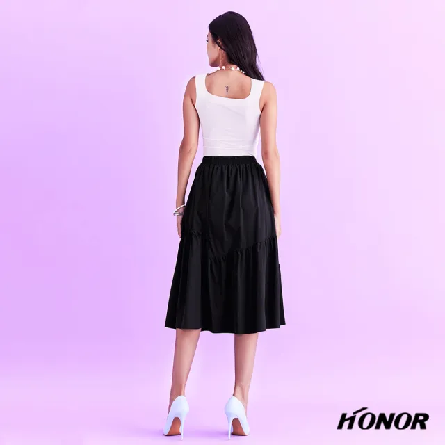 【HONOR 山形屋】不對稱抓皺拼接蛋糕下擺長裙-卡其/黑