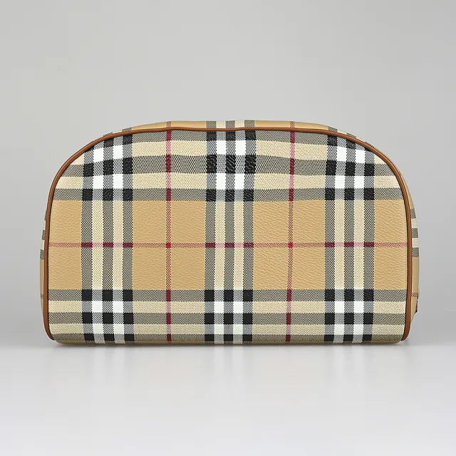 【BURBERRY 巴寶莉】BURBERRY牛皮壓印金字字母LOGO格紋設計PVC拉鍊化妝包(典藏米)