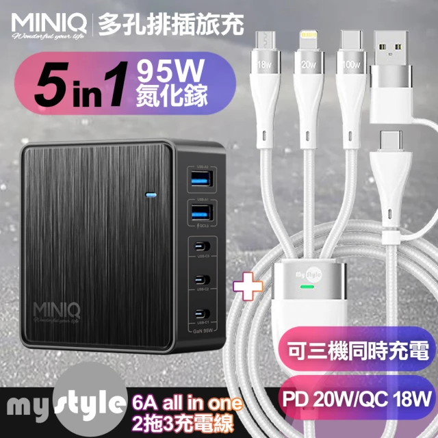 MiniQ AC-DK200T氮化鎵五孔2A3C 95W 充電器-黑+MyStyle USB+TYPE-C TO TYPE-C/Lightning/Micro快充線-白