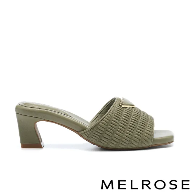 【MELROSE】美樂斯 率性飾釦寬帶壓紋羊皮方頭高跟拖鞋(綠)