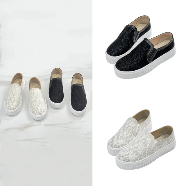 【FUFA Shoes 富發牌】蕾絲厚底懶人鞋-黑/白 1BC97(女鞋/休閒鞋/懶人休閒鞋/蕾絲印花)