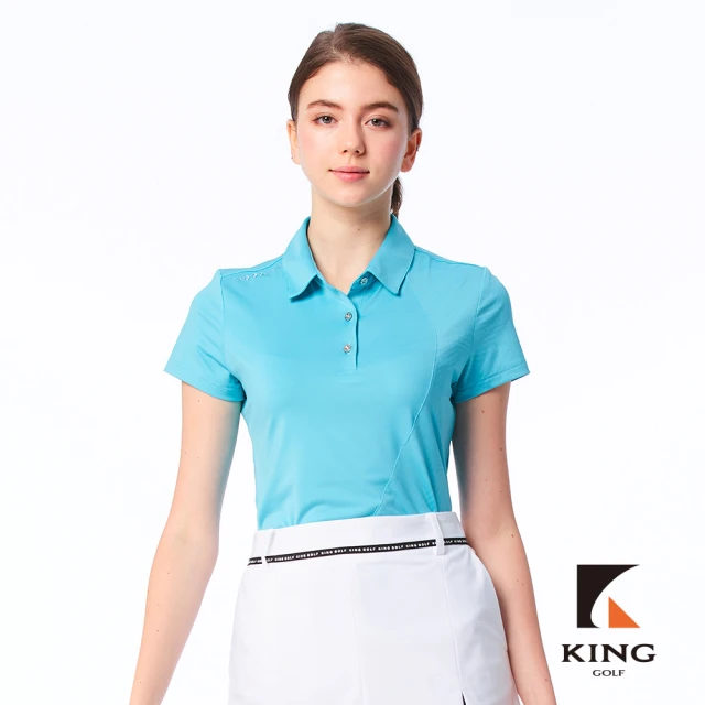 KING GOLF 實體同步款-女款簡約素面拼接網布設計透氣涼感開襟短袖POLO衫/高爾夫球衫(藍綠色)