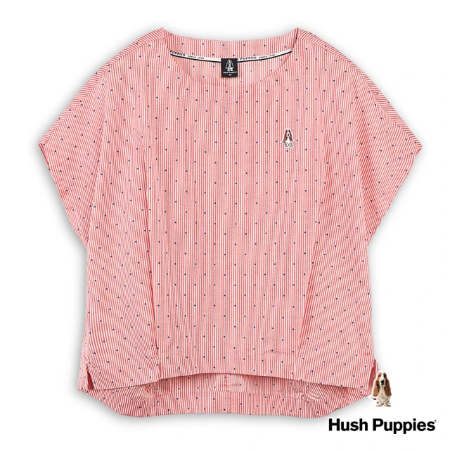 Hush Puppies 女裝 上衣 簡約直條紋點點打褶連袖寬鬆上衣(橘紅 / 43210104)