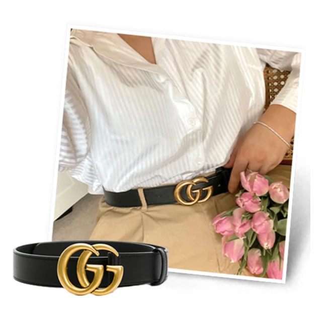 【GUCCI 古馳】經典仿舊金色雙G LOGO滑面牛皮腰帶.皮帶(414516/寬3CM)