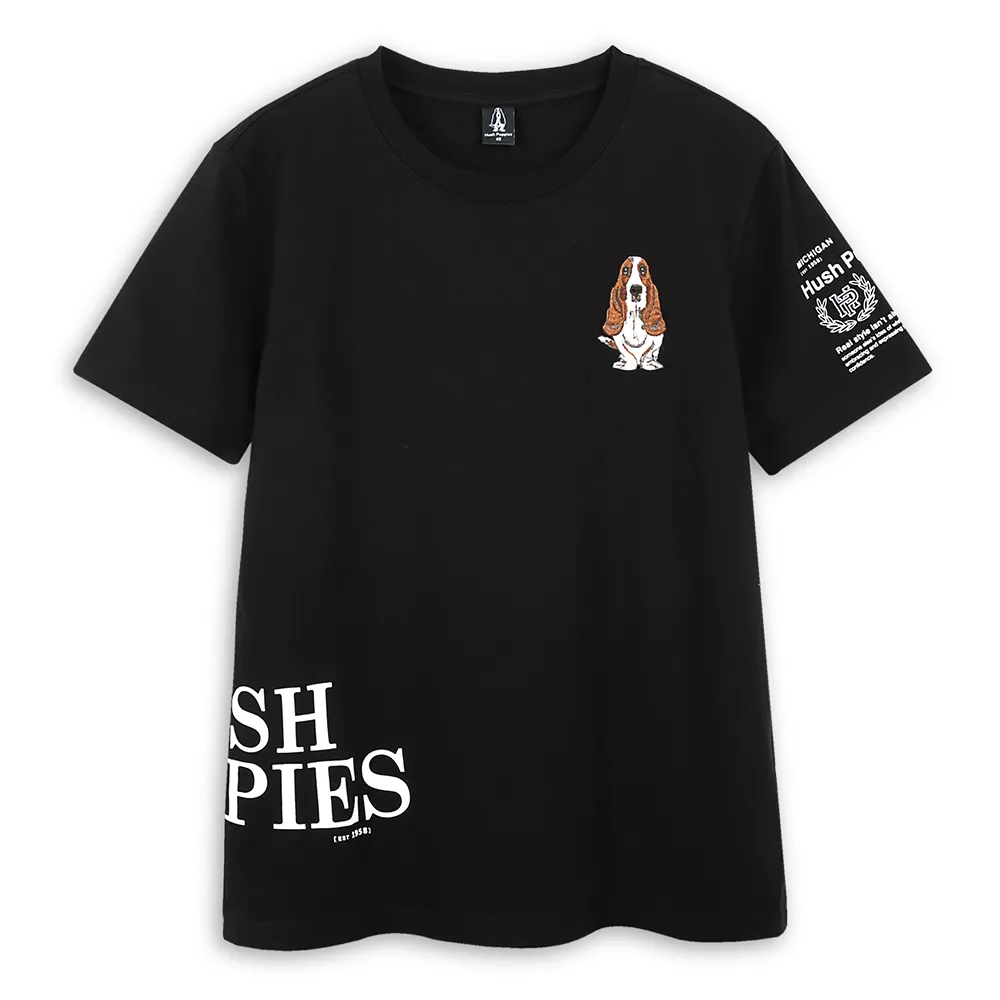 【Hush Puppies】男裝 T恤 經典簡約英文字立體矽膠刺繡狗T恤(黑色 / 43111206)