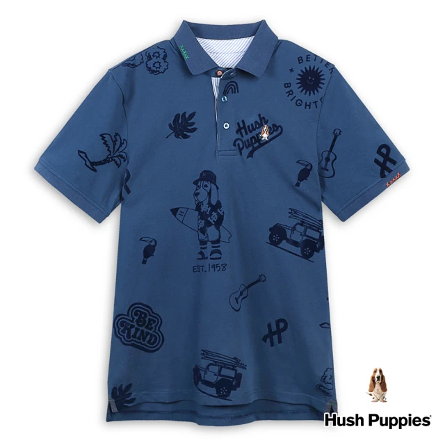 Hush Puppies 男裝 POLO衫 夏日滿版渡假風衝浪狗短袖POLO衫(深灰藍 / 43101103)