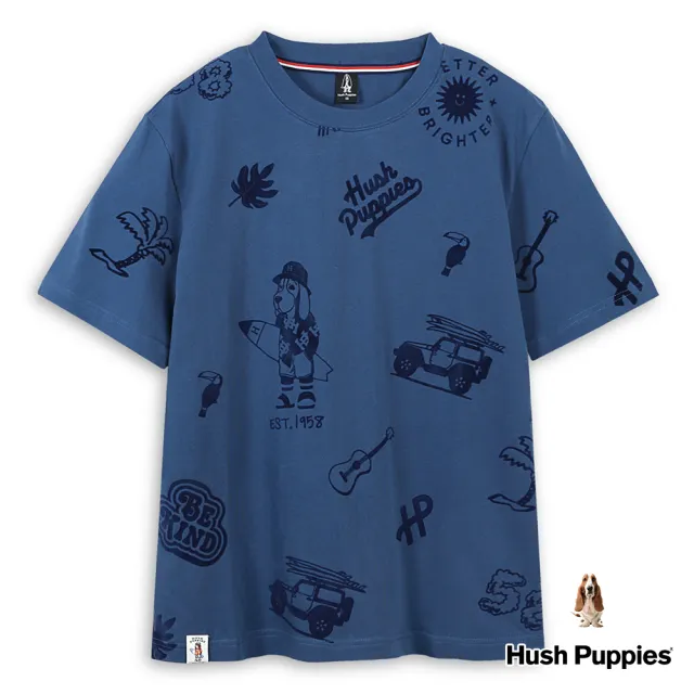 【Hush Puppies】男裝 上衣 夏日滿版渡假風衝浪狗短袖上衣(深灰藍 / 43110101)