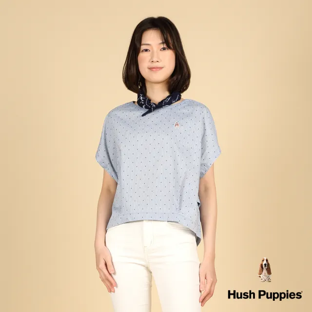 【Hush Puppies】女裝 上衣 簡約直條紋點點打褶連袖寬鬆上衣(藍色 / 43210104)