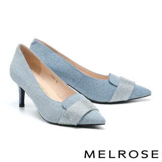 【MELROSE】美樂斯 華麗水鑽造型牛仔布尖頭高跟鞋(藍)