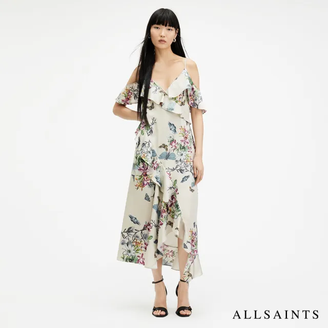 【ALLSAINTS】ORION 細肩V領荷葉飾邊沙漠印花洋裝 WD538Z(常規版型)