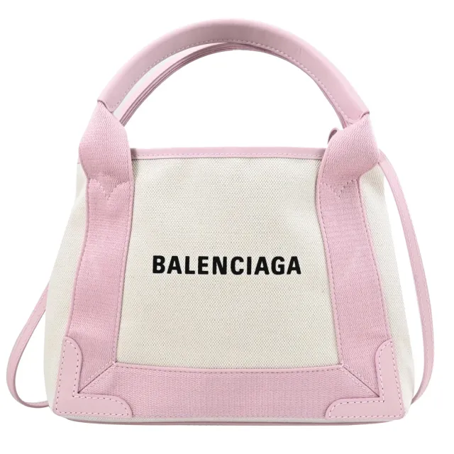 【Balenciaga 巴黎世家】NAVY CABAS XS 經典品牌LOGO棉麻布手提斜背兩用包(白粉)