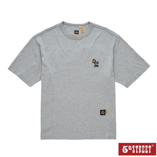 5th STREET 男裝寬版動物窺腳繡圖短袖T恤-灰色(山形系列)