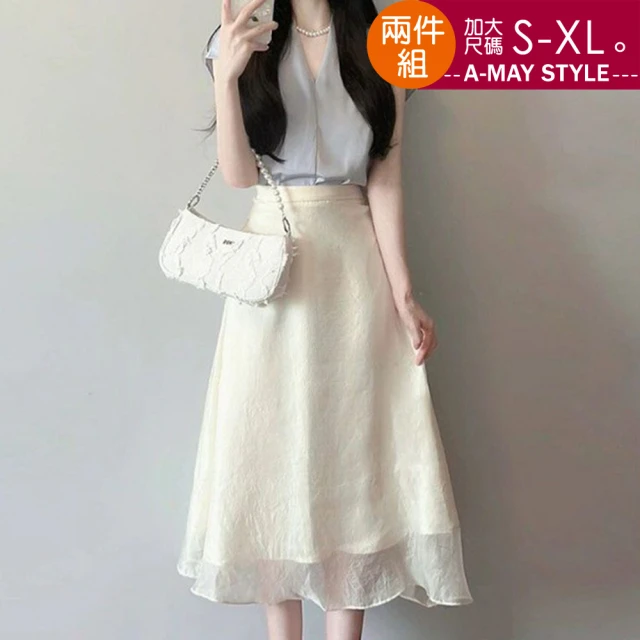 Amay Style 艾美時尚 春新品 中大尺碼女裝 兩件式 日韓系氣質V領襯衫中長裙套裝。S-XL(套裝.預購)