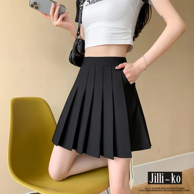 JILLI-KO 鬆緊高腰顯瘦口袋款半身百褶裙-M/L/XL(黑/白/咖)