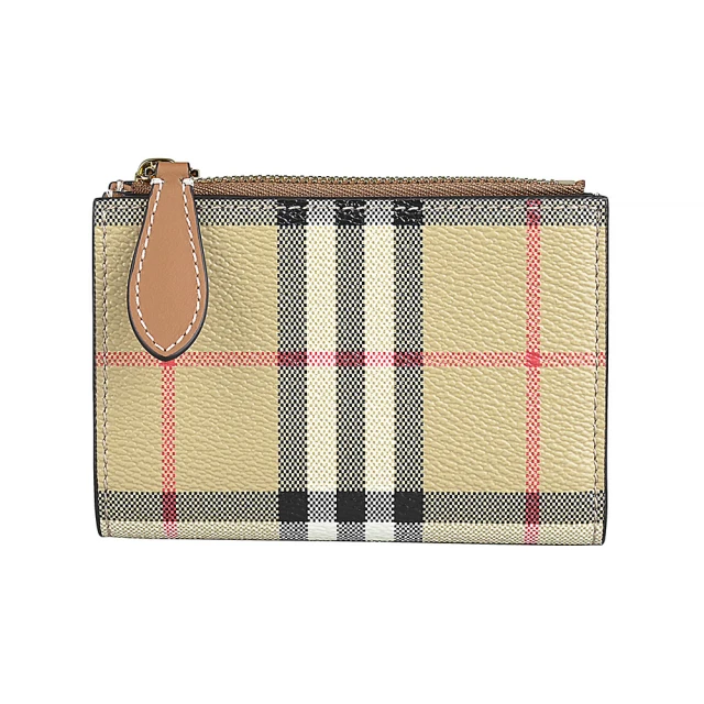 BURBERRY 巴寶莉 BURBERRY內裡燙金字LOGO PVC經典格紋6卡壓釦式短夾(小/典藏米)