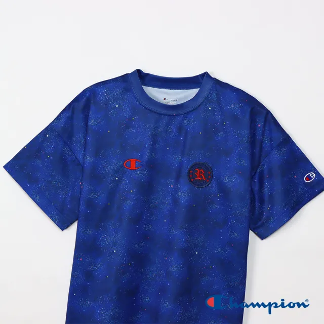 【Champion】官方直營-吸汗速乾刺繡滿版印花短袖TEE-童裝(深藍色)