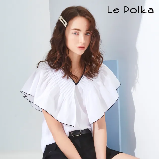 【Le Polka】荷葉V領蓋袖上衣-女