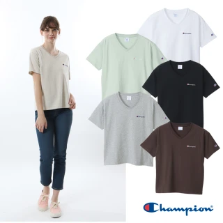 【Champion】官方直營-LOGO寬版V領短袖上衣-女(6色)