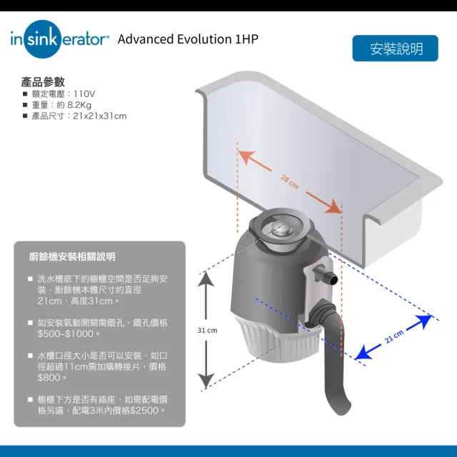 【美國Insinkerator】旗艦機種 Advanced Evolution 1HP 廚餘機 鐵胃 食物處理機 廚下型廚餘機(兩年保固)