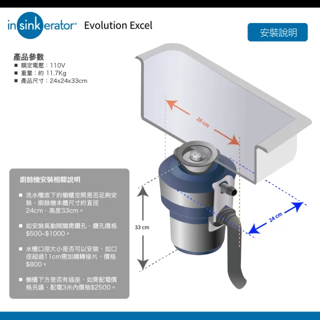 【美國Insinkerator】Evolution Excel 廚餘機 鐵胃 食物處理機(兩年保固)