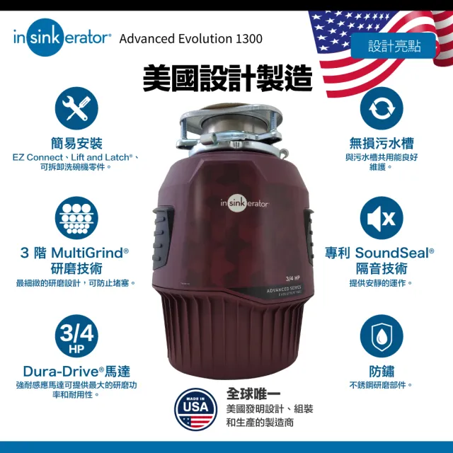 【美國Insinkerator】旗艦機種 Advanced Evolution 1300 廚餘機 鐵胃 食物處理機 廚下型廚餘機(兩年保固)