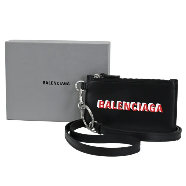 【Balenciaga 巴黎世家】經典品牌LOGO烙印可拆掛式信用卡零錢包(黑)