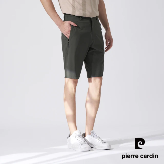 pierre cardin 皮爾卡登 商務休閒 男款 彈性平口平紋休閒短褲-橄欖綠色(5247962-47)