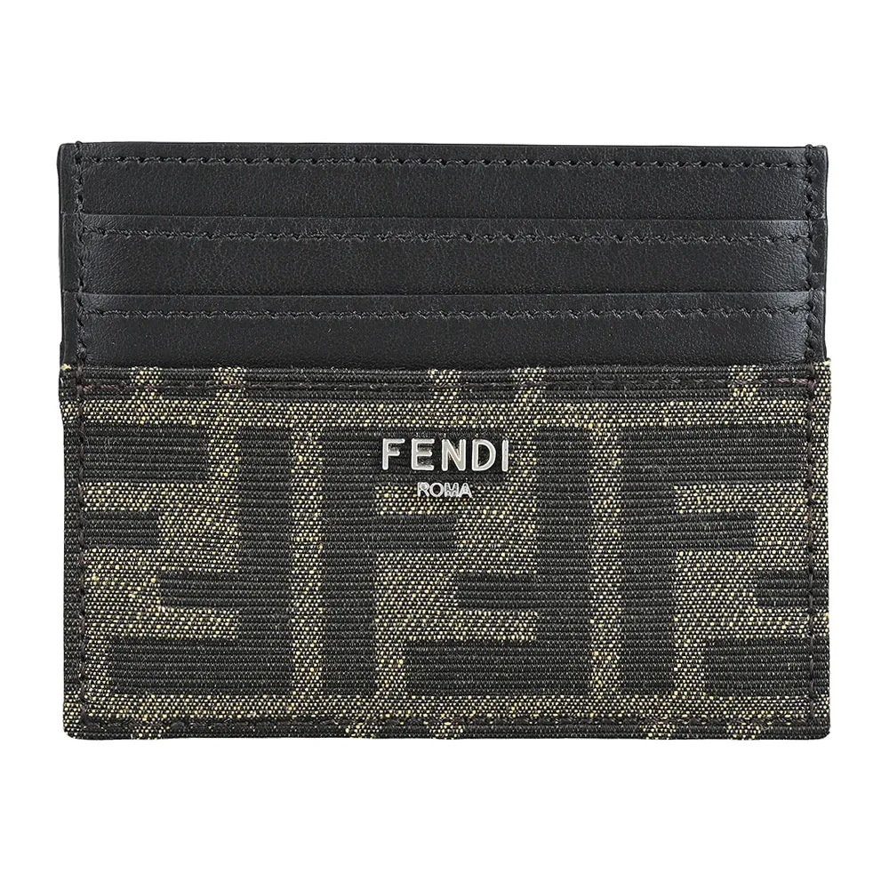 【FENDI 芬迪】FENDI立體銀字LOGO小牛皮拼接帆布6卡開口式卡夾(褐x黑)