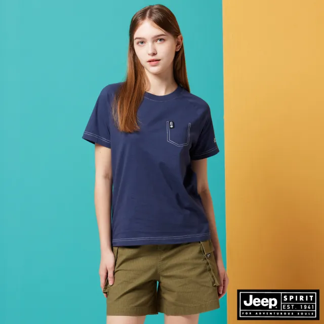 【JEEP】女裝 跳色假口袋拉克蘭短袖T恤(藍色)