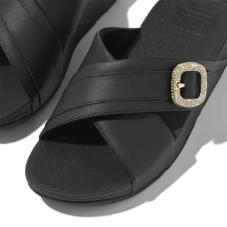【FitFlop】LULU 水鑽扣環皮革十字交叉涼鞋(黑色)