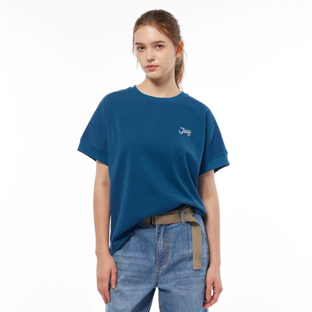 【JEEP】女裝 連袖文字純棉短袖T恤(藍色)