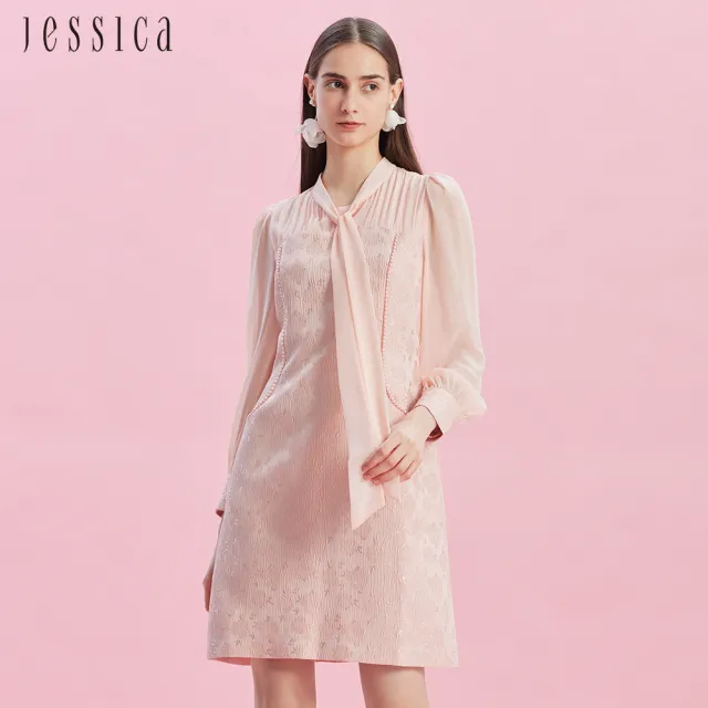 【JESSICA】優雅飄帶雪紡拼接長袖洋裝J43701