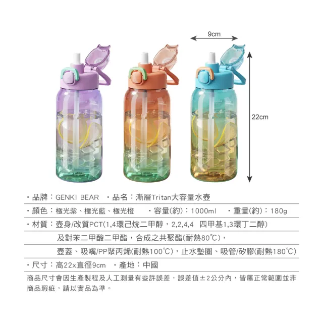 【Genki Bear 元氣熊】漸層Tritan大容量水壺/1000ml(伸縮吸管/提把設計)