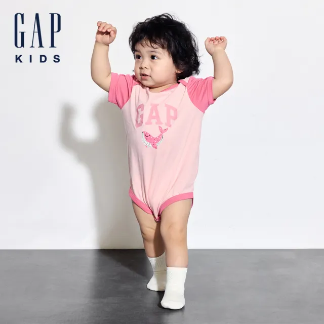 【GAP】嬰兒裝 Logo純棉印花圓領短袖包屁衣-粉色(505609)