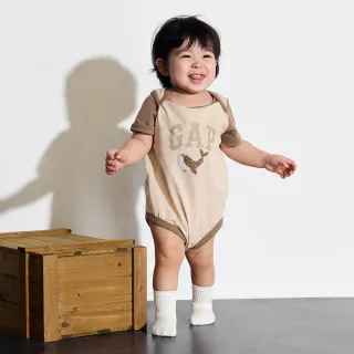 【GAP】嬰兒裝 Logo純棉印花圓領短袖包屁衣-卡其色(505609)