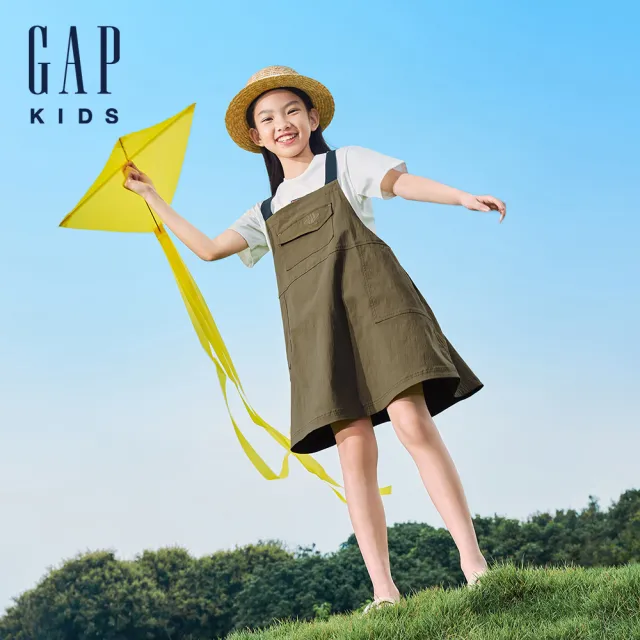 【GAP】女童裝 Logo工裝吊帶洋裝-綠卡其(466668)