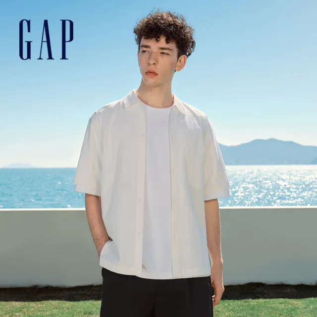 【GAP】男裝 Logo翻領短袖襯衫-白色(464287)