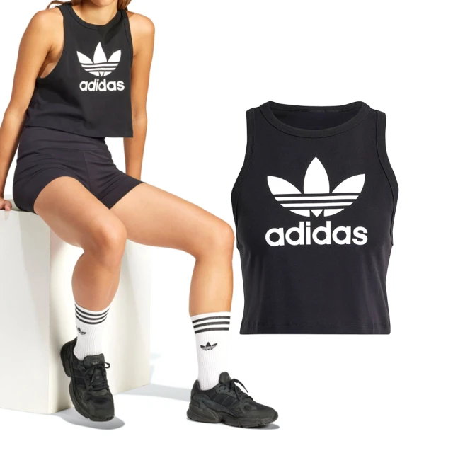 adidas 愛迪達 Trefoil Tank 女款 黑色 Logo 短版 無袖 慢跑 運動 三葉草 背心 IU0067