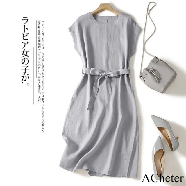 【ACheter】文藝復古棉麻感連身裙簡約系帶中長款短袖圓領洋裝#121451(5款任選)