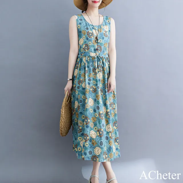【ACheter】文藝復古棉麻感連身裙簡約系帶中長款短袖圓領洋裝#121451(5款任選)