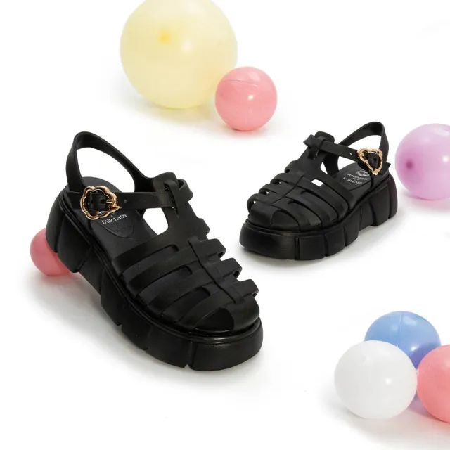 【FAIR LADY】日本京都聯名 HAPPYFACE 魚骨編織防水厚底漁夫涼鞋(黑、2A2880)