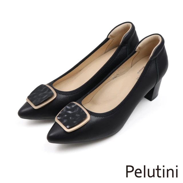 Pelutini 方形波浪紋金屬釦環高跟鞋 杏色(33302