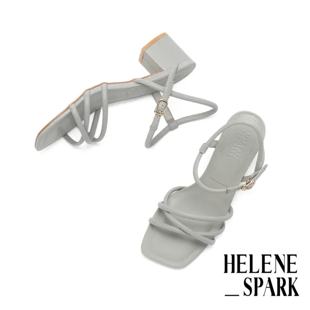 【HELENE_SPARK】簡約時尚澎澎圓滾帶羊皮方頭高跟涼鞋(灰)