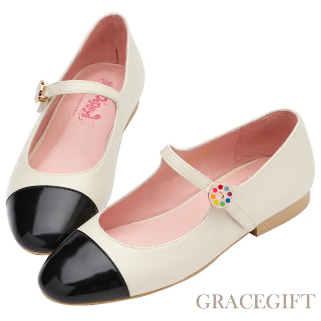 【Grace Gift】小魔女DoReMi聯名-見習生轉換器圓頭低跟瑪莉珍鞋(白X黑)