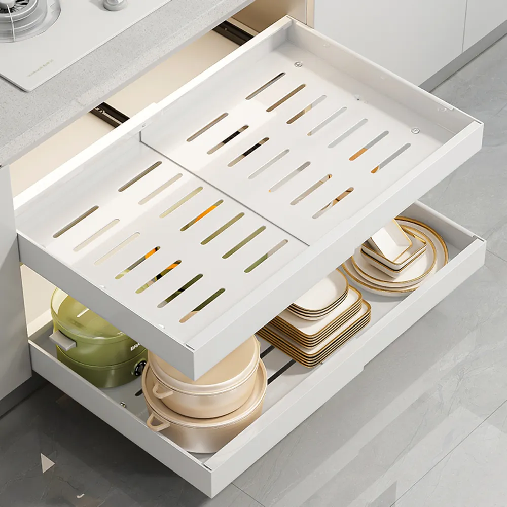 【AFAMIC 艾法】新款無痕免釘可自由調整寬度廚房櫥櫃內抽屜置物架下水槽餐具儲物櫃式抽拉收納籃筐盤架