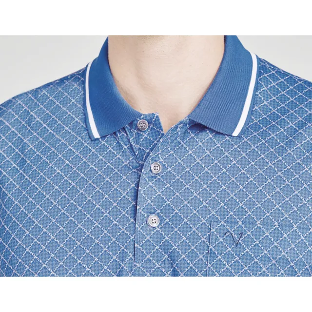 【Emilio Valentino 范倫鐵諾】男裝 吸濕速乾涼爽彈性印花胸袋短袖POLO衫_藍(66-4V8113)