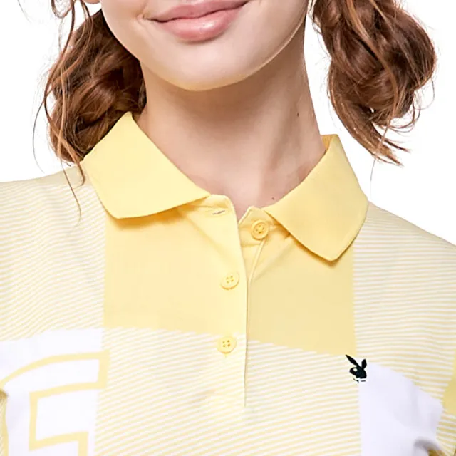 【PLAYBOY GOLF】女款大方格下擺束口短袖POLO衫-黃(吸濕排汗/抗UV/高爾夫球衫/KA24106-35)