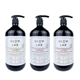 即期品【紐西蘭GLOW LAB】植物精油沐浴露900mlx1(大黃玫瑰/椰子檀香/佛手柑橘/黑莓月桂葉-效期2025/04)