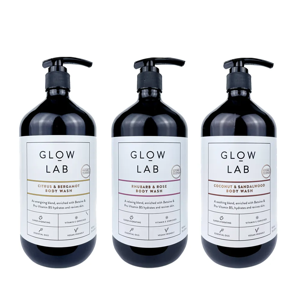 即期品【紐西蘭GLOW LAB】植物精油沐浴露900mlx1(大黃玫瑰/椰子檀香/佛手柑橘/黑莓月桂葉-效期2025/04)